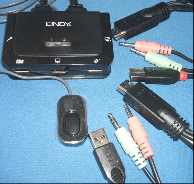 Image of 2 way HDMI & USB KVM (for Monitor, USB keyboard/mouse & Audio) switch box with captive cables/leads