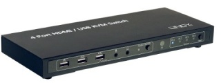 Image of 4 way HDMI & USB KVM (for Monitor, USB keyboard/mouse & Audio) switch box with cables/leads