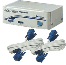 Image of 2 way VGA & USB KVM (monitor & 3 USB devices) switch box with cables/leads